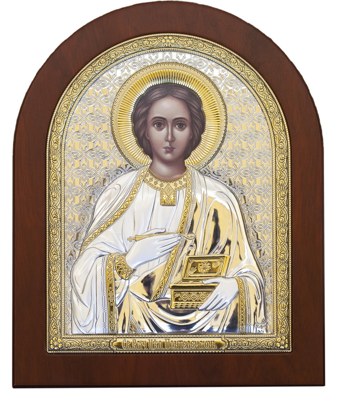 The Holy Great Martyr and Healer St. Panteleimon - Arch, Painted Print, Silver-Plating, Solid Wood, Uncovered, Unencrusted 5.71x176mm