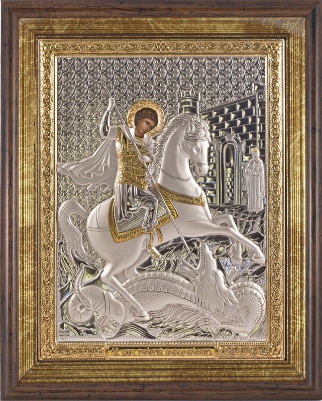 St. George the Victorious - Arch, Painted Print, Silver-Plating, Solid Wood, Under Glass, Unencrusted 6.10x186mm