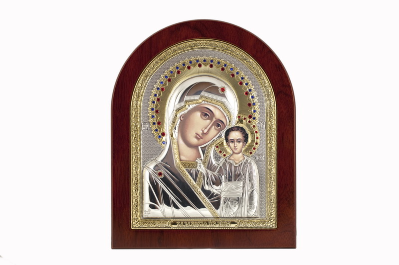 Virgin Mary Kazanskaya - Arch, Painted Print, Silver-Plating, Solid Wood, Uncovered, Gem-Encrusted 7.64x242mm