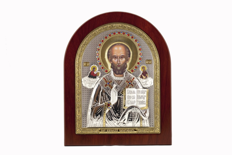 St. Nicholas - Arch, Painted Print, Silver-Plating, Solid Wood, Uncovered, Gem-Encrusted 7.64x242mm