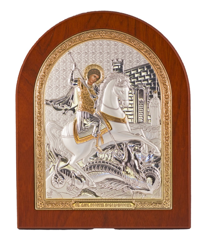 St. George the Victorious - Arch, Painted Print, Silver-Plating, Solid Wood, Uncovered, Gem-Encrusted 9.76x292mm