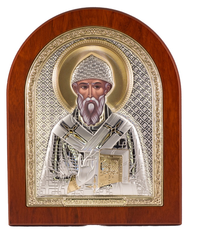 St. Spyridon of Tremithus - Arch, Painted Print, Silver-Plating, Solid Wood, Uncovered, Gem-Encrusted 9.76x292mm