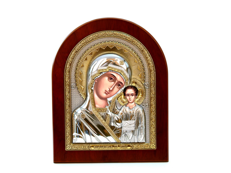 Virgin Mary Kazanskaya - Arch, Painted Print, Silver-Plating, Solid Wood, Uncovered, Unencrusted 2.60x82mm