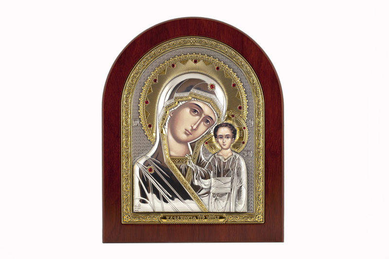 Virgin Mary Kazanskaya - Arch, Painted Print, Silver-Plating, Solid Wood, Uncovered, Gem-Encrusted 9.76x292mm