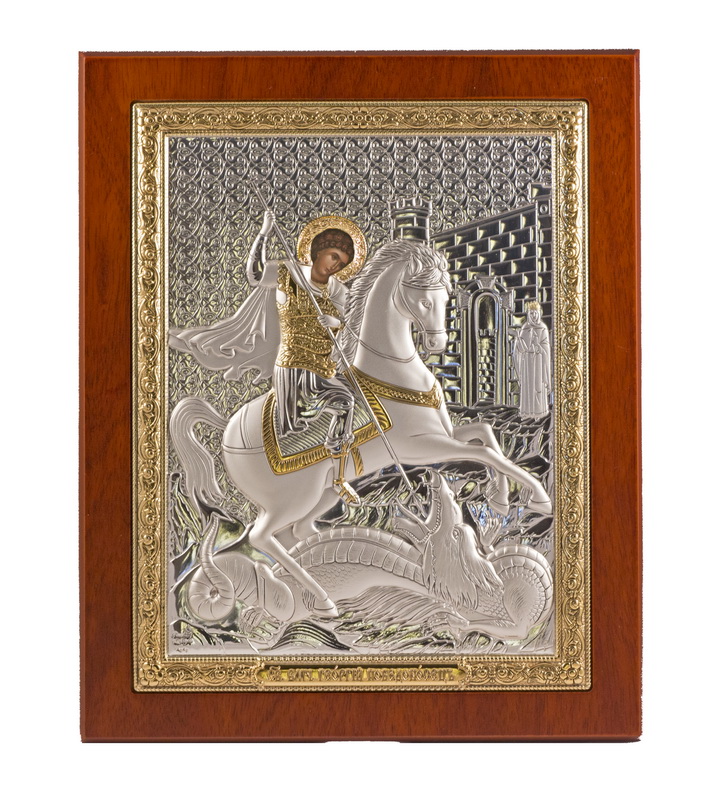 St. George the Victorious - Rectangular, Painted Print, Silver-Plating, Solid Wood, Uncovered, Unencrusted 7.64x242mm