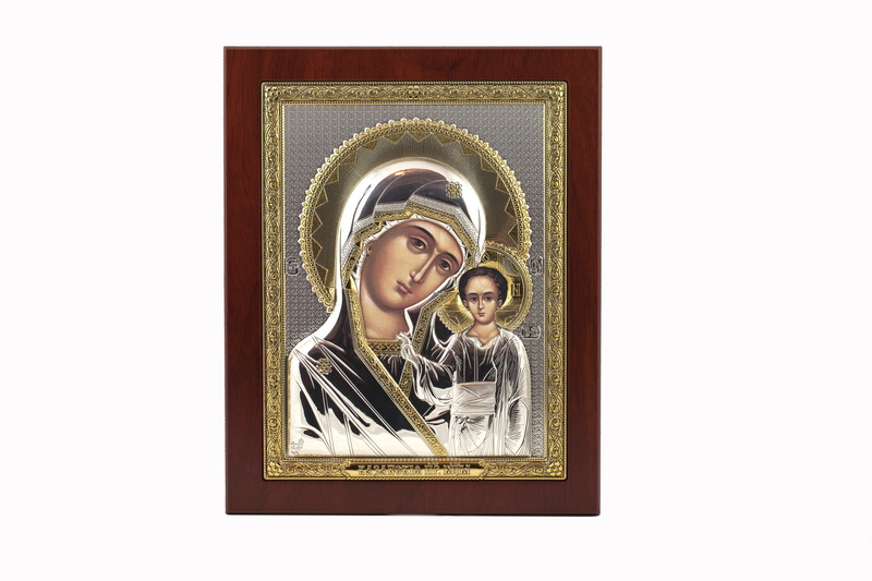 Virgin Mary Kazanskaya - Rectangular, Painted Print, Silver-Plating, Solid Wood, Uncovered, Unencrusted 7.64x242mm