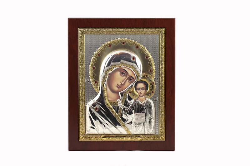 Virgin Mary Kazanskaya - Rectangular, Painted Print, Silver-Plating, Solid Wood, Uncovered, Gem-Encrusted 7.64x242mm