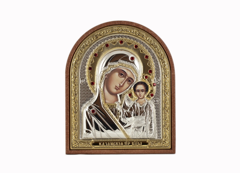 Virgin Mary Kazanskaya - Arch, Painted Print, Silver-Plating, Textured Plastic, Uncovered, Gem-Encrusted 2.56x80mm
