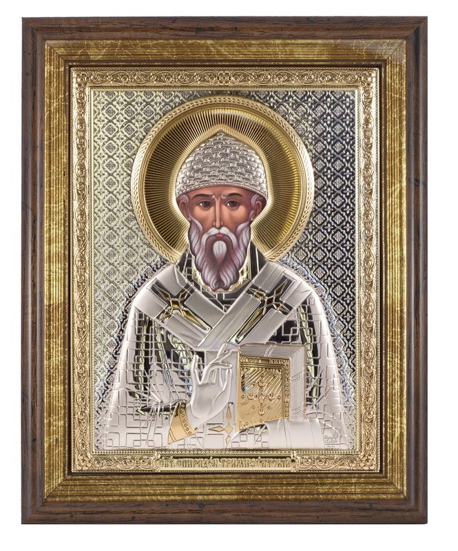 St. Spyridon of Tremithus - Arch, Painted Print, Silver-Plating, Solid Wood, Under Glass, Unencrusted 7.87x248mm