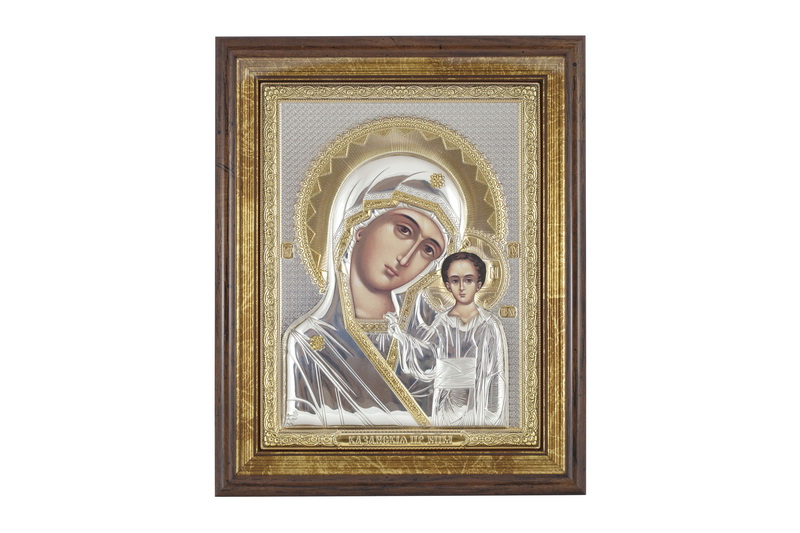 Virgin Mary Kazanskaya - Rectangular, Painted Print, Silver-Plating, Solid Wood, Under Glass, Unencrusted 6.10x186mm