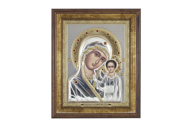 Virgin Mary Kazanskaya - Rectangular, Painted Print, Silver-Plating, Solid Wood, Under Glass, Gem-Encrusted 6.10x186mm