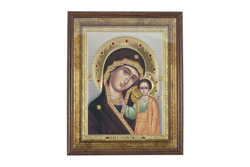 Virgin Mary Kazanskaya - Rectangular, Painted Print, Solid Wood, Under Glass, Gem-Encrusted 7.87x248mm